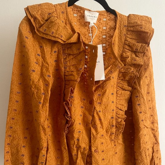 SOLD NWT Sézane Boby Blouse in Saffron Embroidered Eyelet Ruffle Top 34 US 2 - Picture 2 of 7